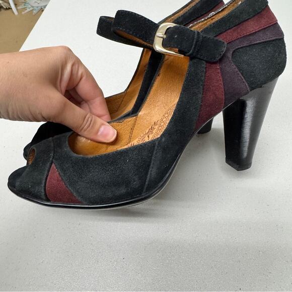 Sofft Black Red Suede Leather Peep Toe Mary Jane Heels Womens 7 Retro Classic - Picture 8 of 10